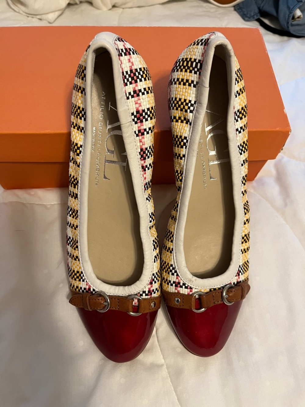 AGL Multicolor Tweed Ballet Flats with Red Patent Toe and Brown Trim 40.5/10